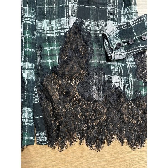 MCQ ALEXANDER MCQUEEN Fluid Tartan Plaid Silk Blouse Green Lace $610 - Picture 4 of 6